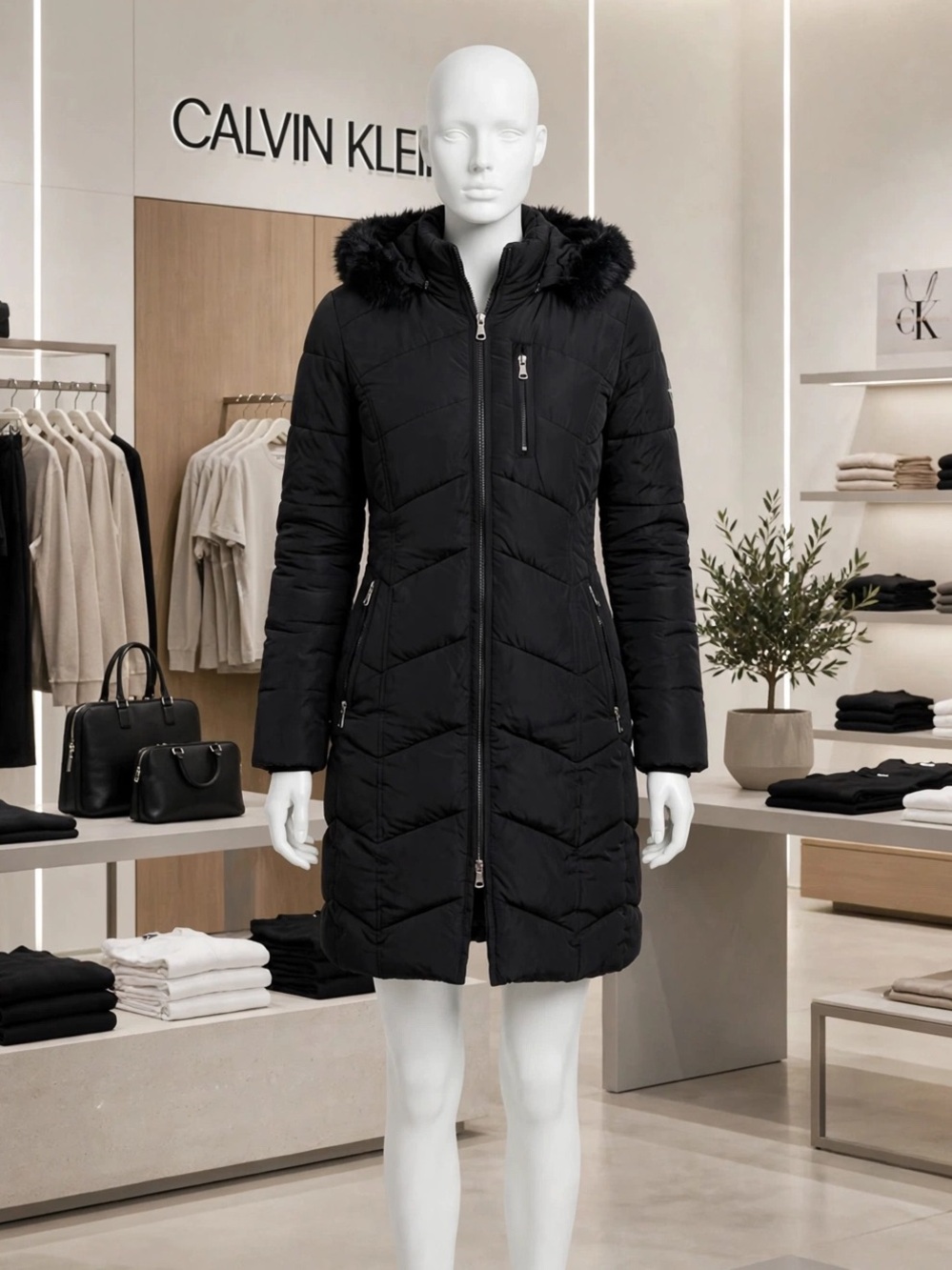 Calvin Klein Women's Black Puffer Jacket with faux fur hood.Mid length.